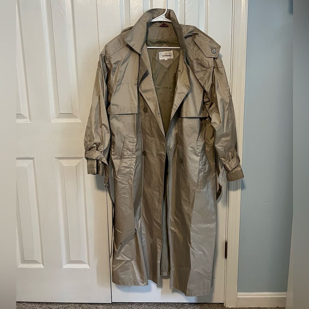 Vintage Worthington Womens 12 Tan Polyester Button Down Long Sleeve Trench Coat‎